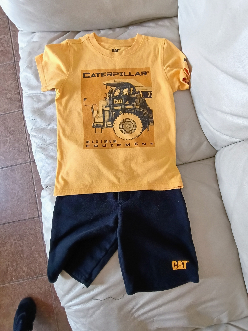 Caterpillar Yellow Graphic Tee & Black CAT Shorts Set
